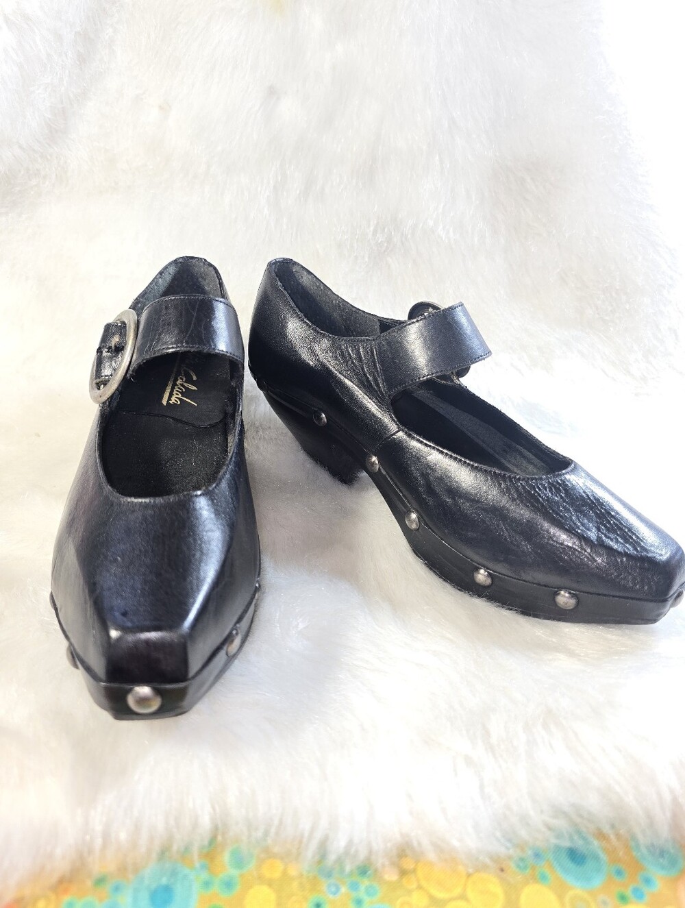 Piña Colada Black Studded Wooden/Leather Mary Jane Clogs for Women